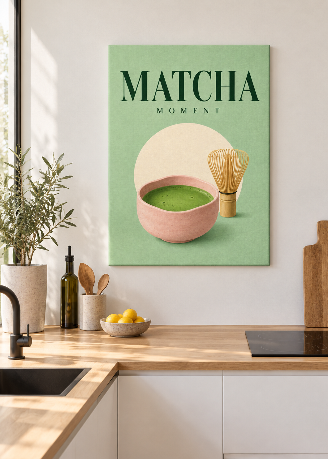 Matcha Moment – Ungerahmte matte Leinwand Slim in moderner Küche