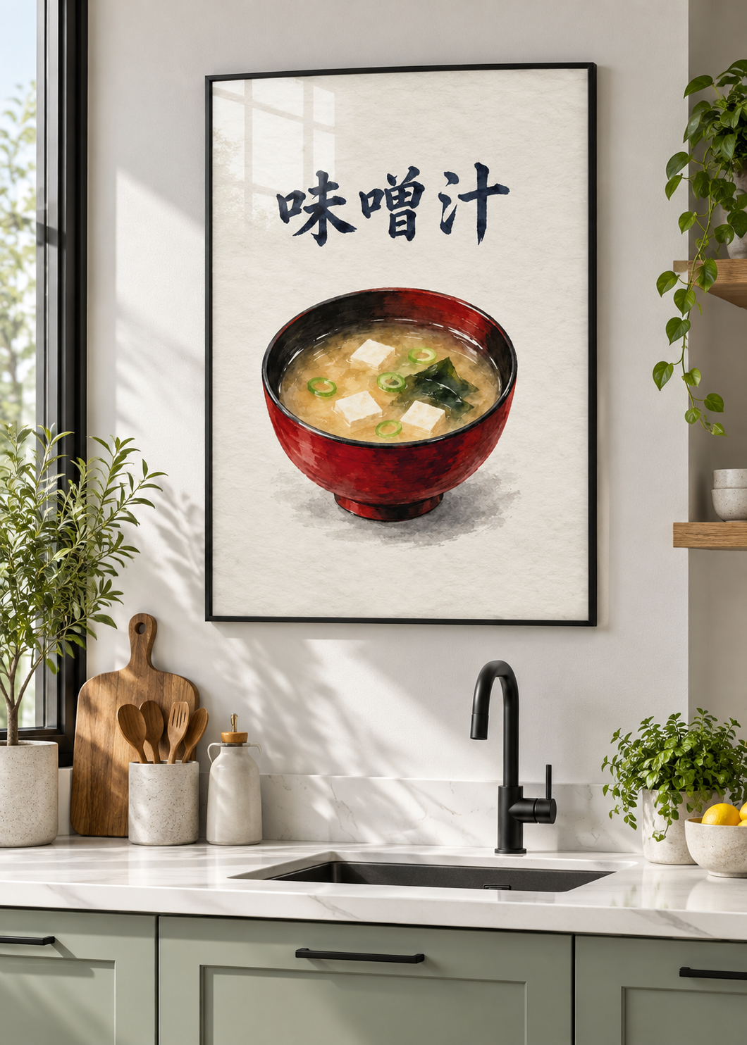 Miso-Suppe – Poster mit schwarzem Rahmen und Glas in moderner Küche