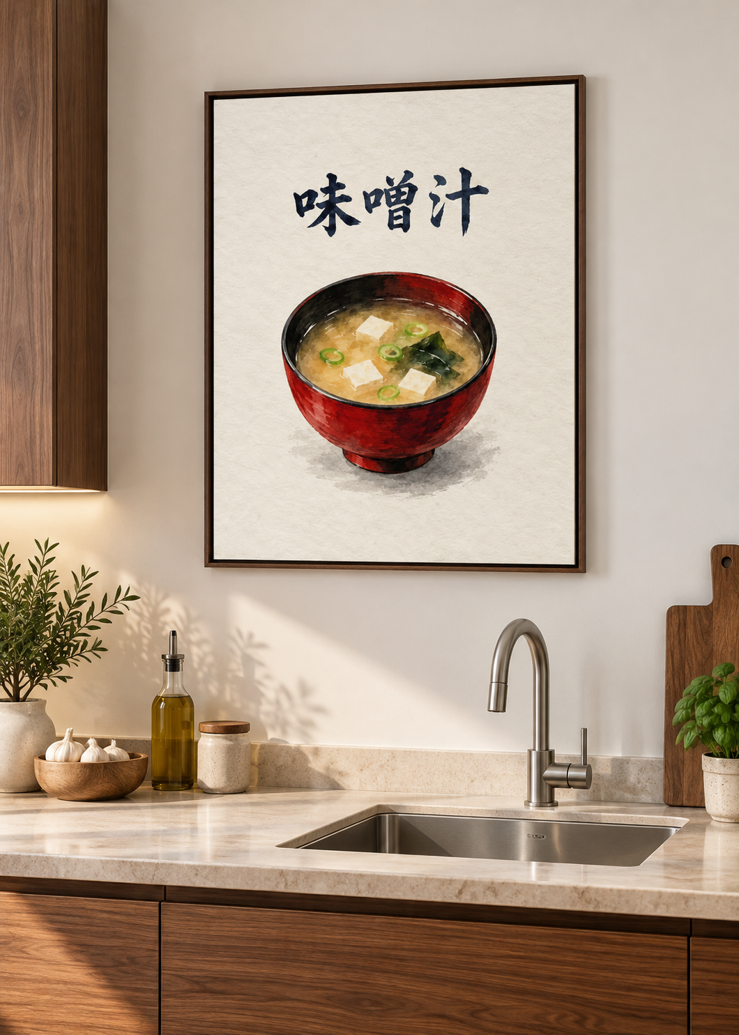 Miso-Suppe – Leinwand mit braunem Schattenfugenrahmen in moderner Küche