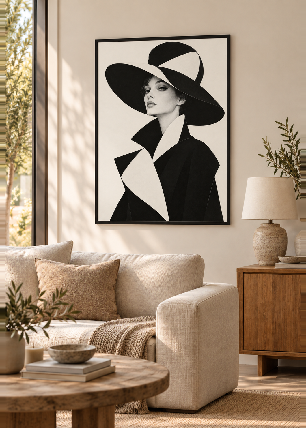 Pariser Eleganz mit skulpturalem Hut – Poster im schwarzen Holzrahmen im Wohnzimmer, ohne Passepartout.
