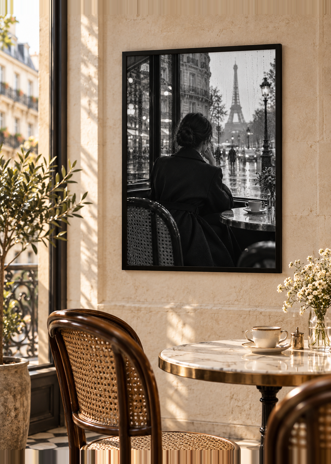 Dunkler Mantel am Pariser Caféfenster – Poster im schwarzen Holzrahmen.