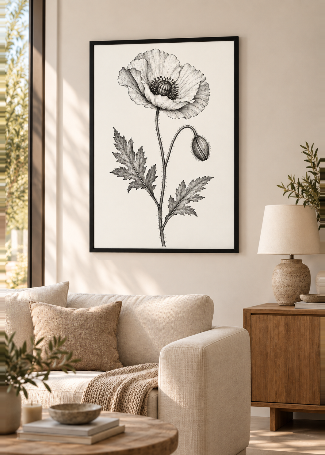 Mohnblüte – Poster im schwarzen Holzrahmen im Wohnzimmer.