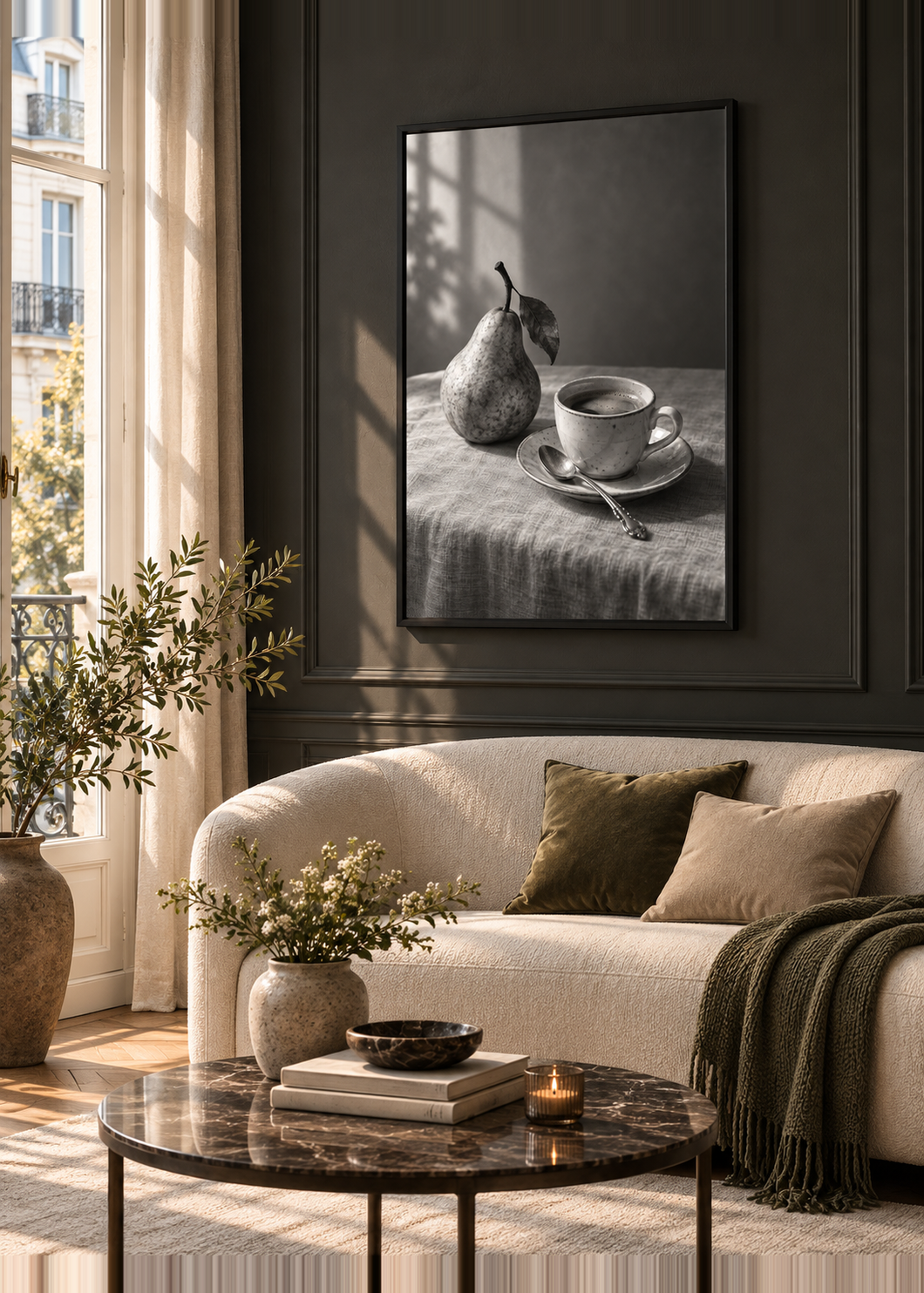 Stillleben mit Birne und Espresso – Poster im schwarzen Holzrahmen im Wohnzimmer.