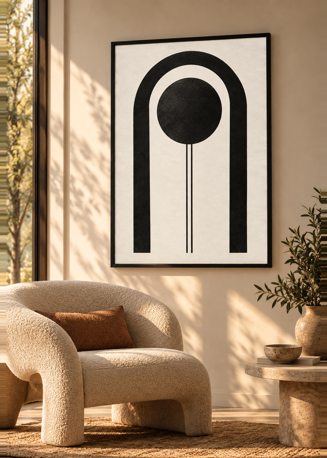Geometrische Grafik – Poster im schwarzen Holzrahmen im Wohnzimmer.
