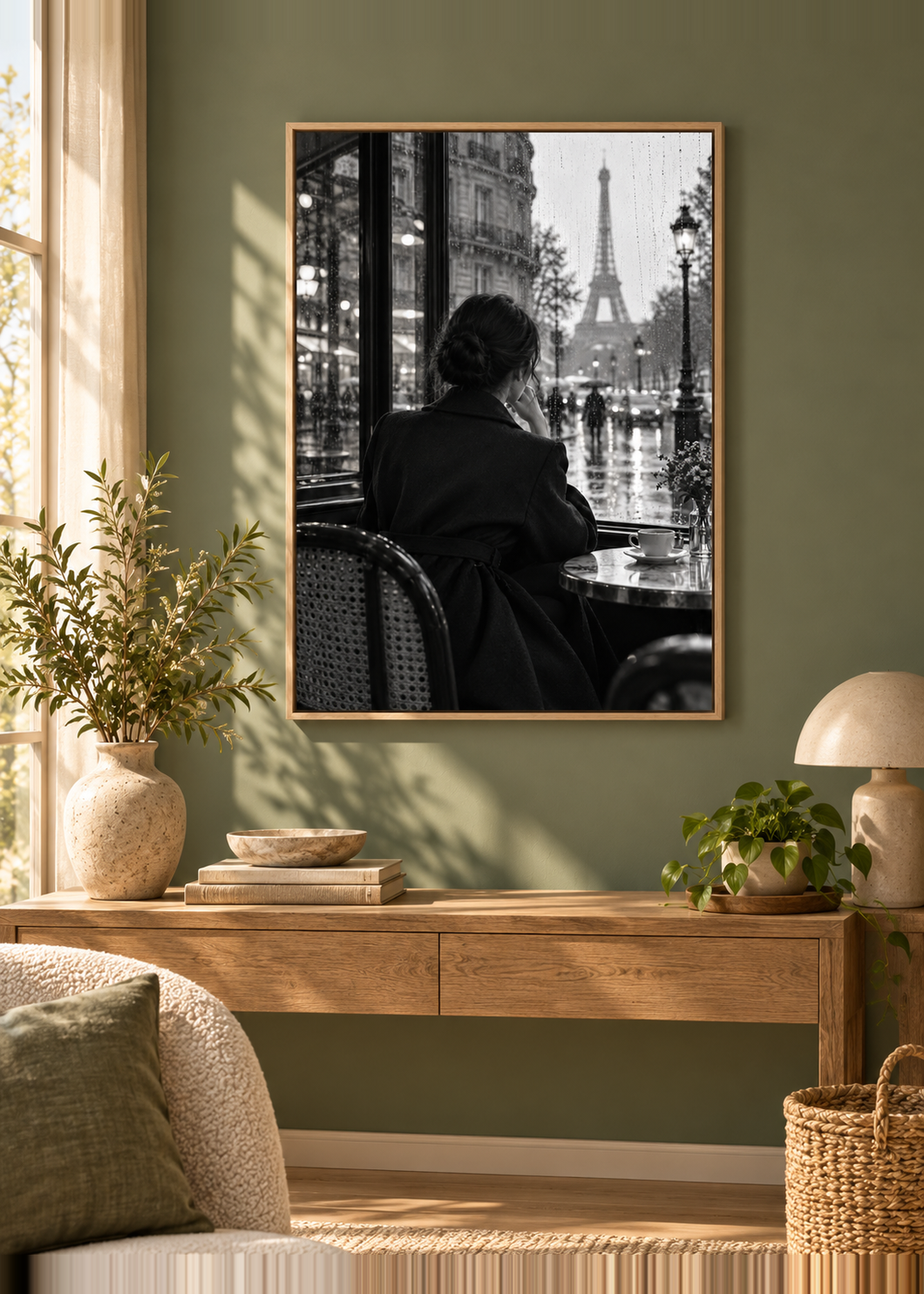 Dunkler Mantel am Pariser Caféfenster – Naturholz-Schattenfugenrahmen.