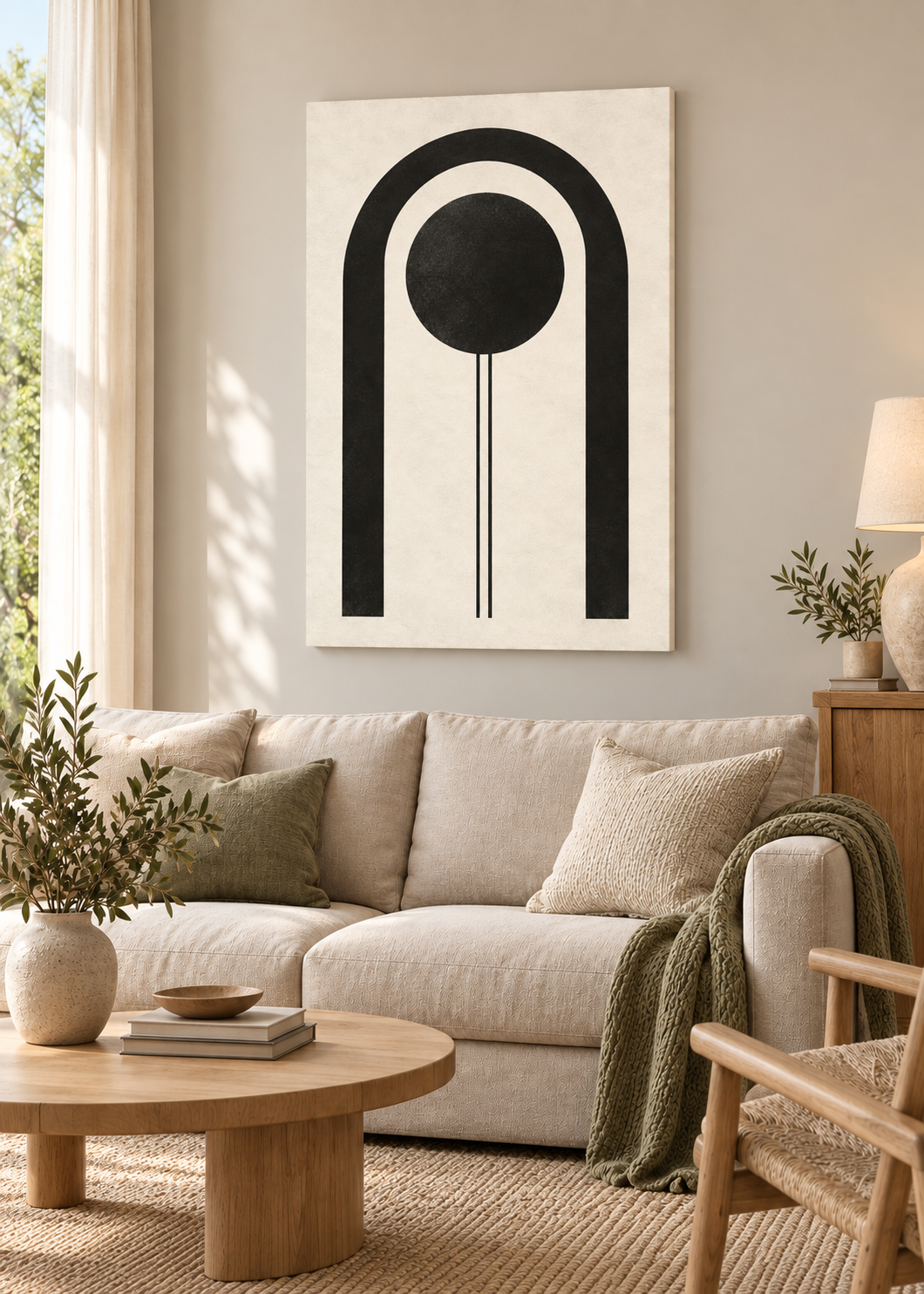 Geometrische Grafik – Leinwand im Naturholz-Schattenfugenrahmen im Wohnzimmer.