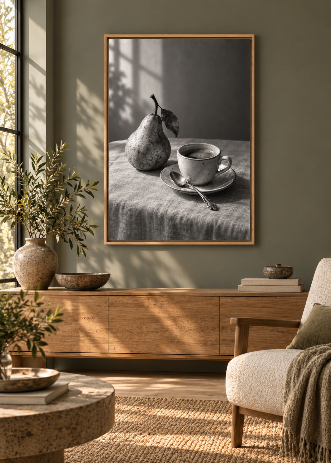 Stillleben mit Birne und Espresso – Leinwand im Naturholz-Schattenfugenrahmen im Wohnzimmer.