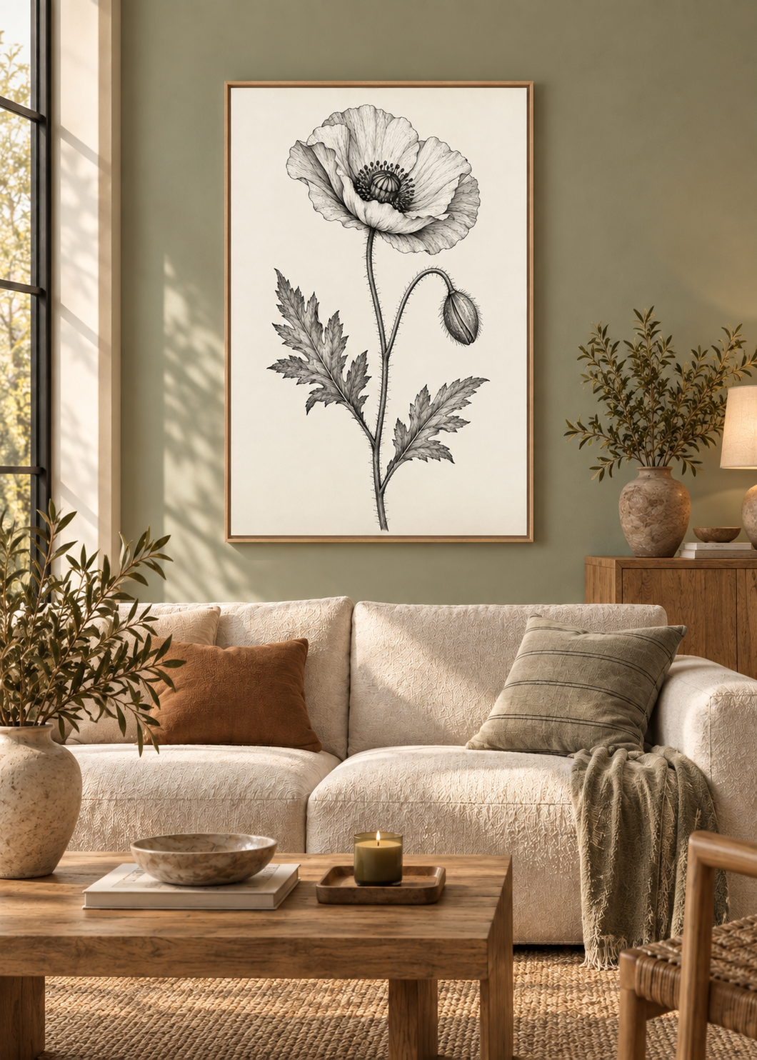 Mohnblüte – Leinwand im Naturholz-Schattenfugenrahmen im Wohnzimmer.