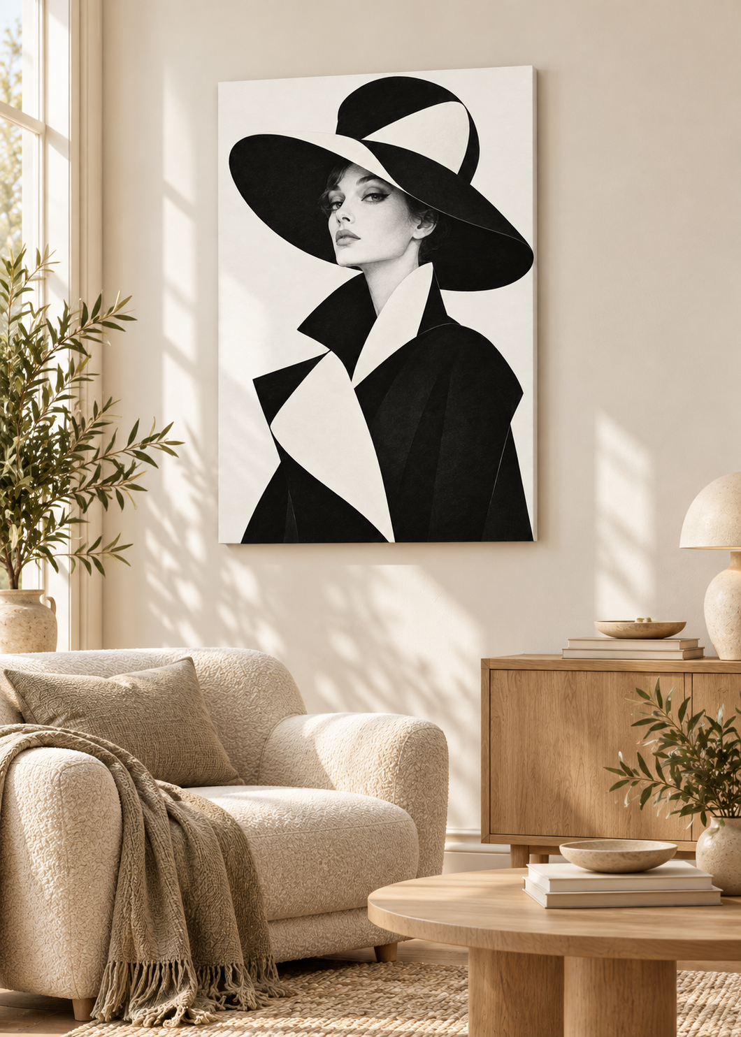 Pariser Eleganz mit skulpturalem Hut – rahmenlose Slim-Leinwand im Wohnzimmer.