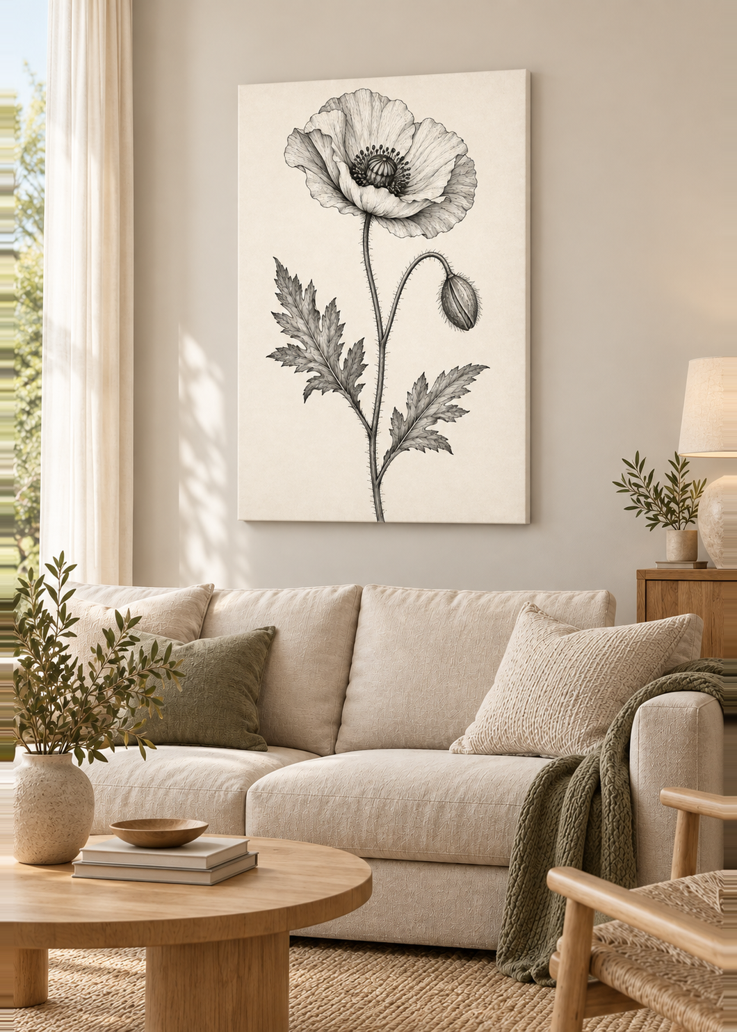 Mohnblüte – rahmenlose Slim-Leinwand im Wohnzimmer.