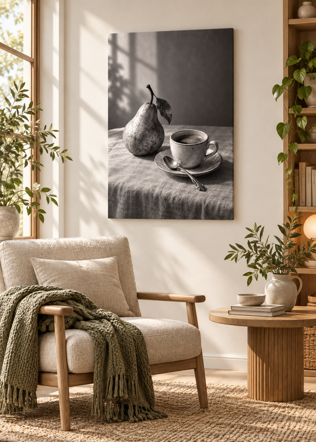 Stillleben mit Birne und Espresso – rahmenlose Slim-Leinwand im Wohnzimmer.