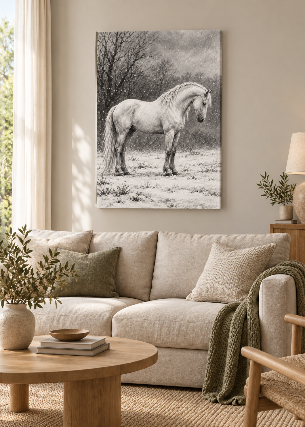 Weißes Pferd im Schnee – Slim Canvas.