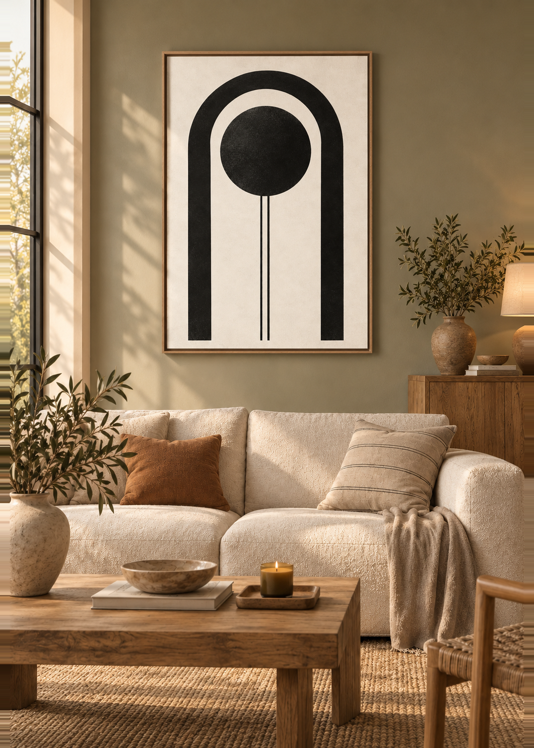 Geometrische Grafik – rahmenlose Slim-Leinwand im Wohnzimmer.