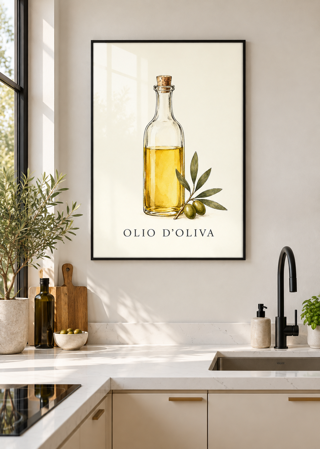 Olio d’Oliva – Poster mit schwarzem Rahmen und Glas in moderner Küche