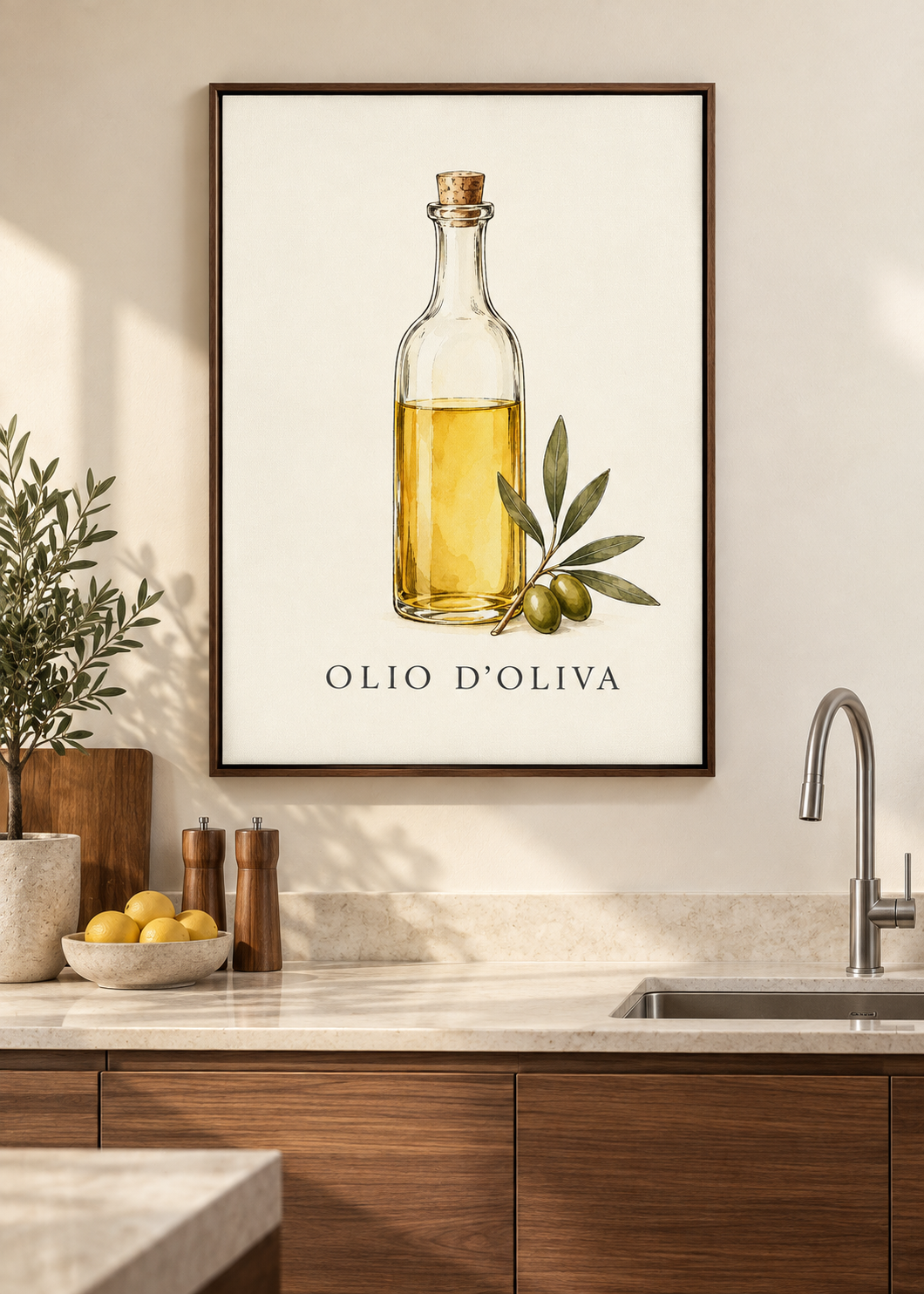 Olio d’Oliva – Leinwand mit braunem Schattenfugenrahmen in moderner Küche