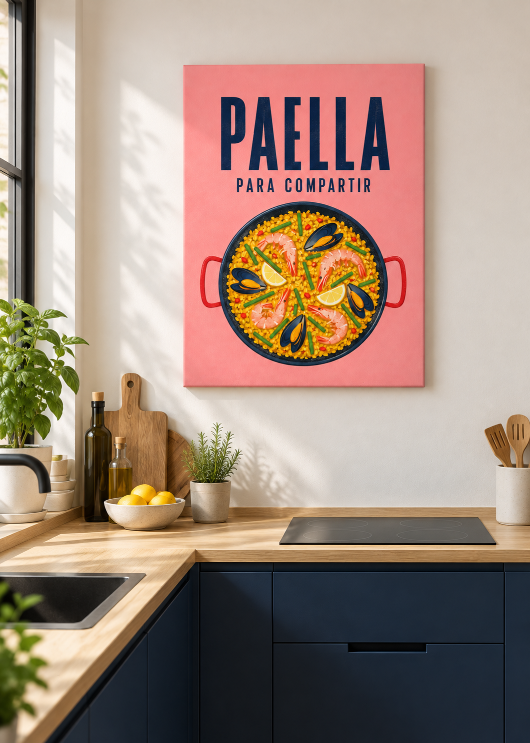 Paella para Compartir – Ungerahmte matte Leinwand Slim in moderner Küche