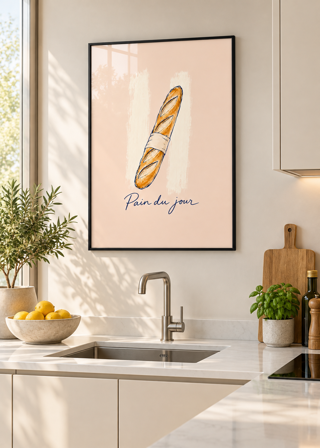 Pain du Jour – Poster mit schwarzem Rahmen und Glas in moderner Küche