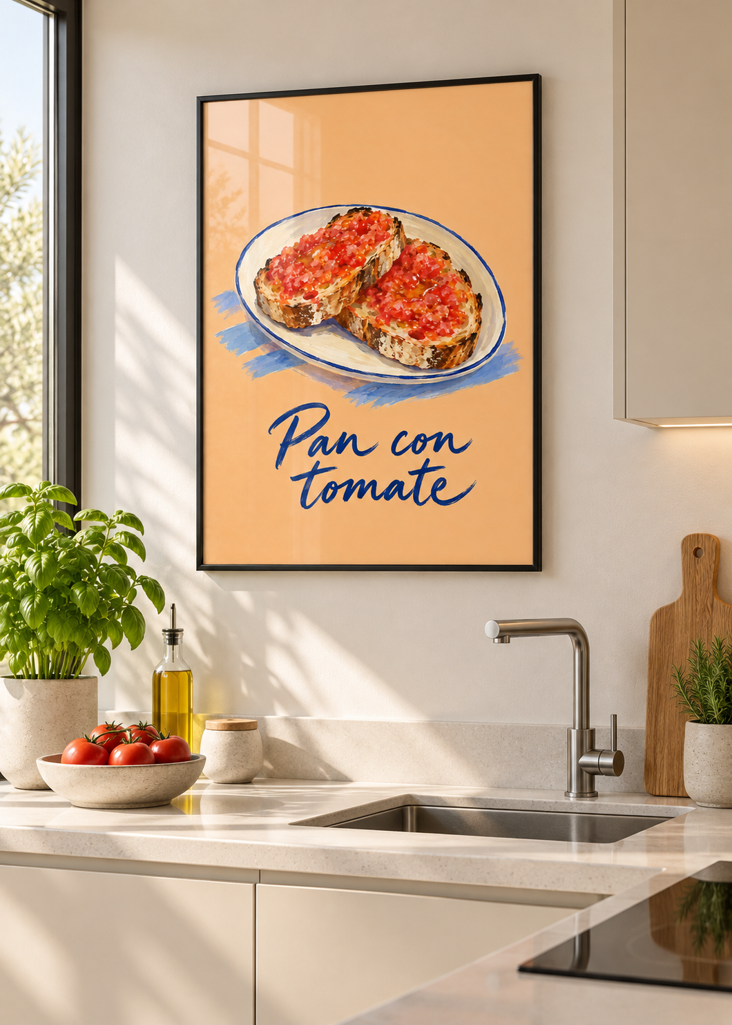 Pan con Tomate – Poster mit schwarzem Rahmen und Glas in moderner Küche