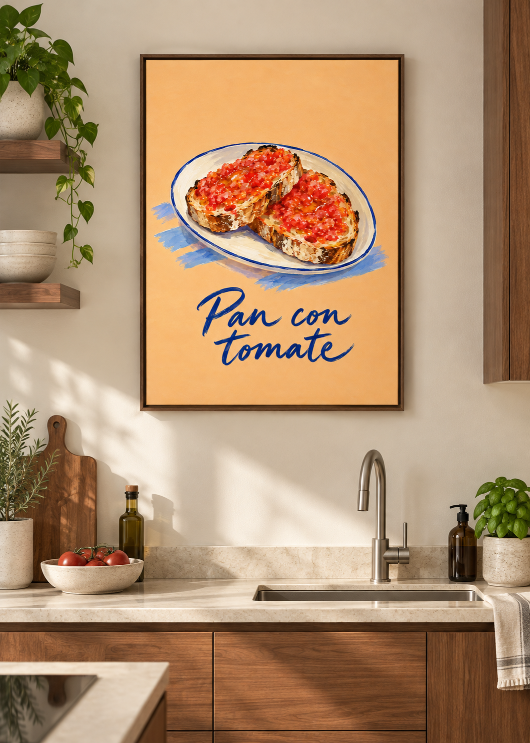 Pan con Tomate – Leinwand mit braunem Schattenfugenrahmen in moderner Küche