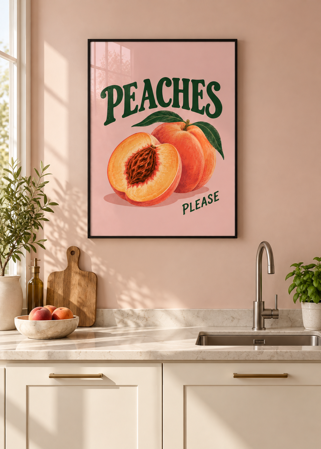 Peaches Please – Poster mit schwarzem Rahmen und Glas in moderner Küche