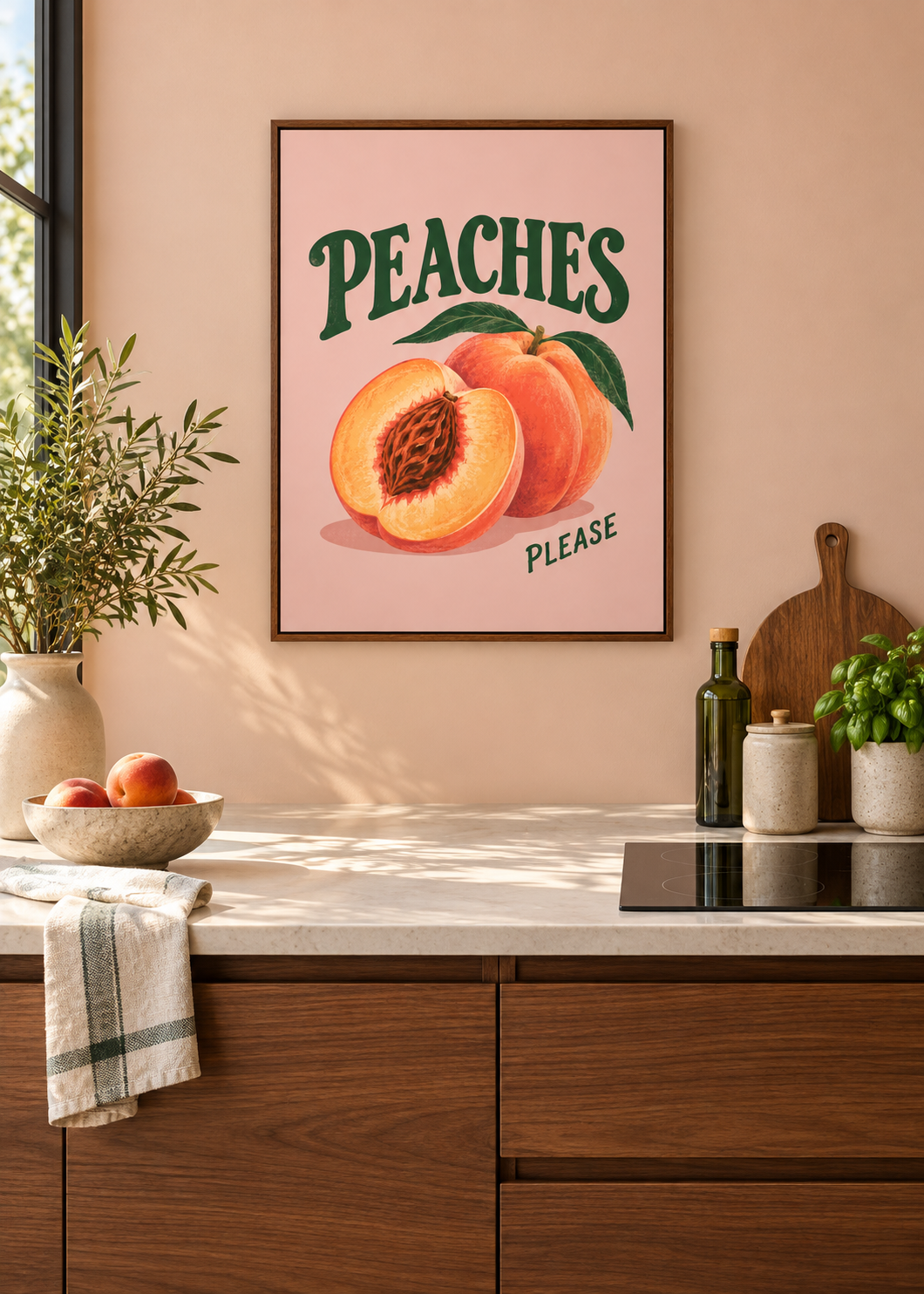 Peaches Please – Leinwand mit braunem Schattenfugenrahmen in moderner Küche