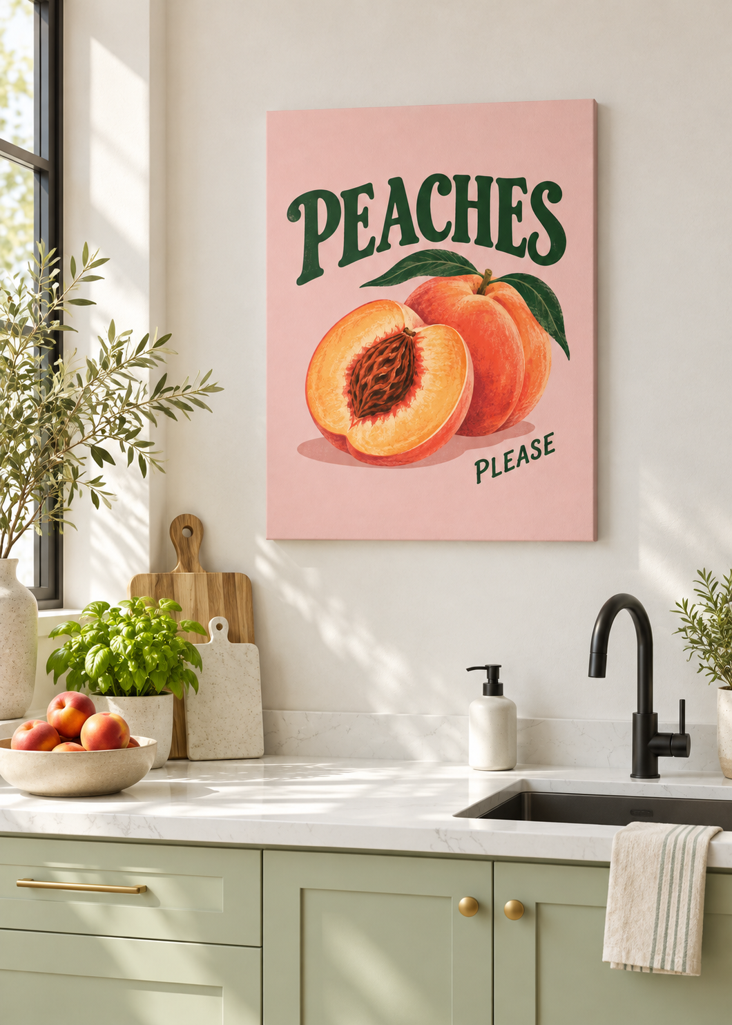 Peaches Please – Ungerahmte matte Leinwand Slim in moderner Küche