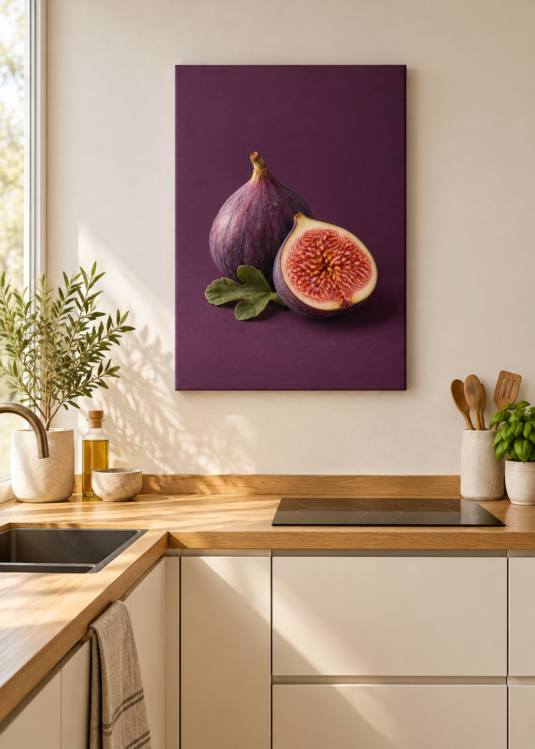 Purpurfeigen – Ungerahmte matte Leinwand Slim in moderner Küche