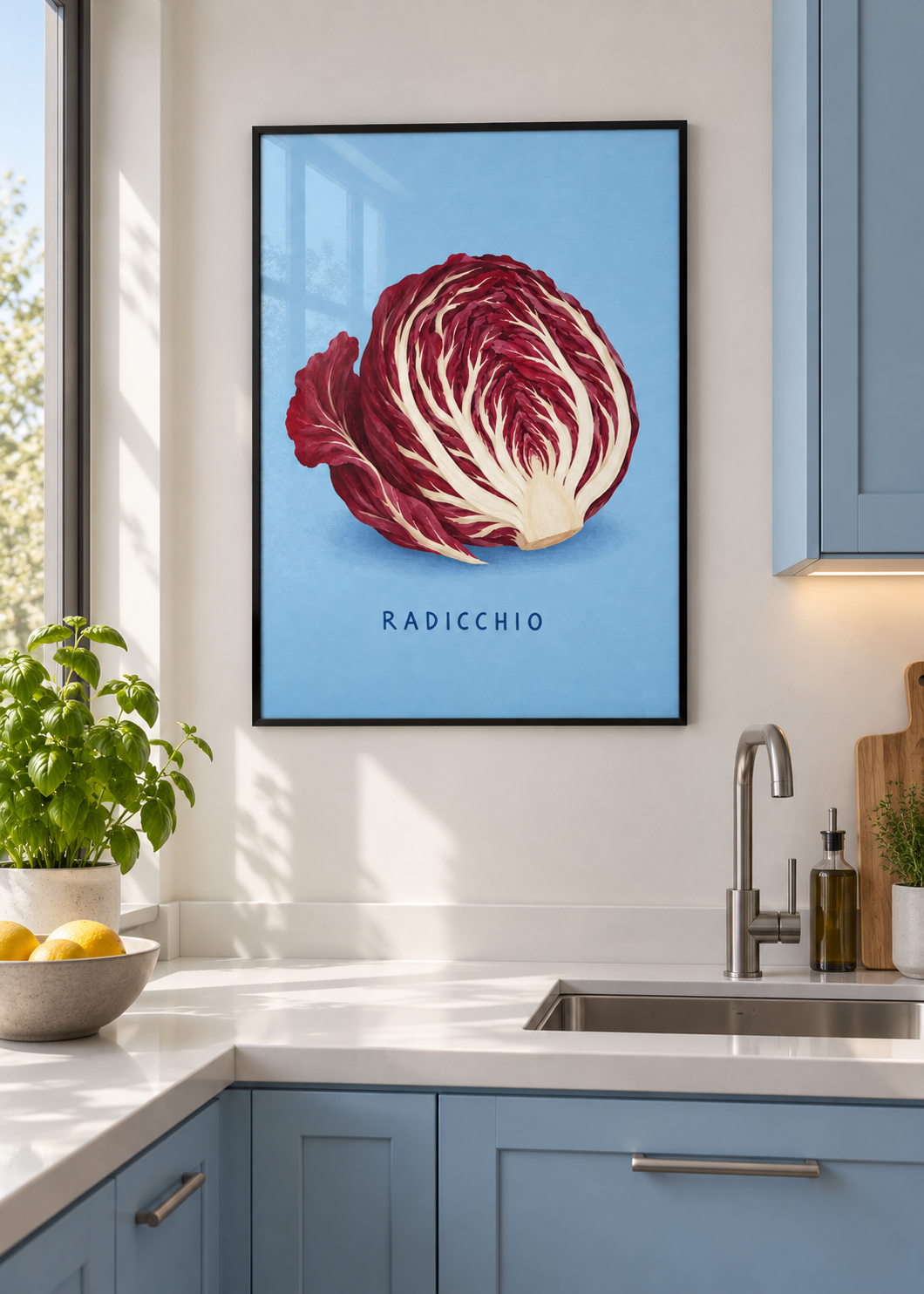 Radicchio – Poster mit schwarzem Rahmen und Glas in moderner Küche