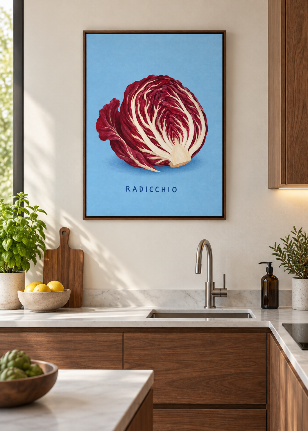 Radicchio – Leinwand mit braunem Schattenfugenrahmen in moderner Küche