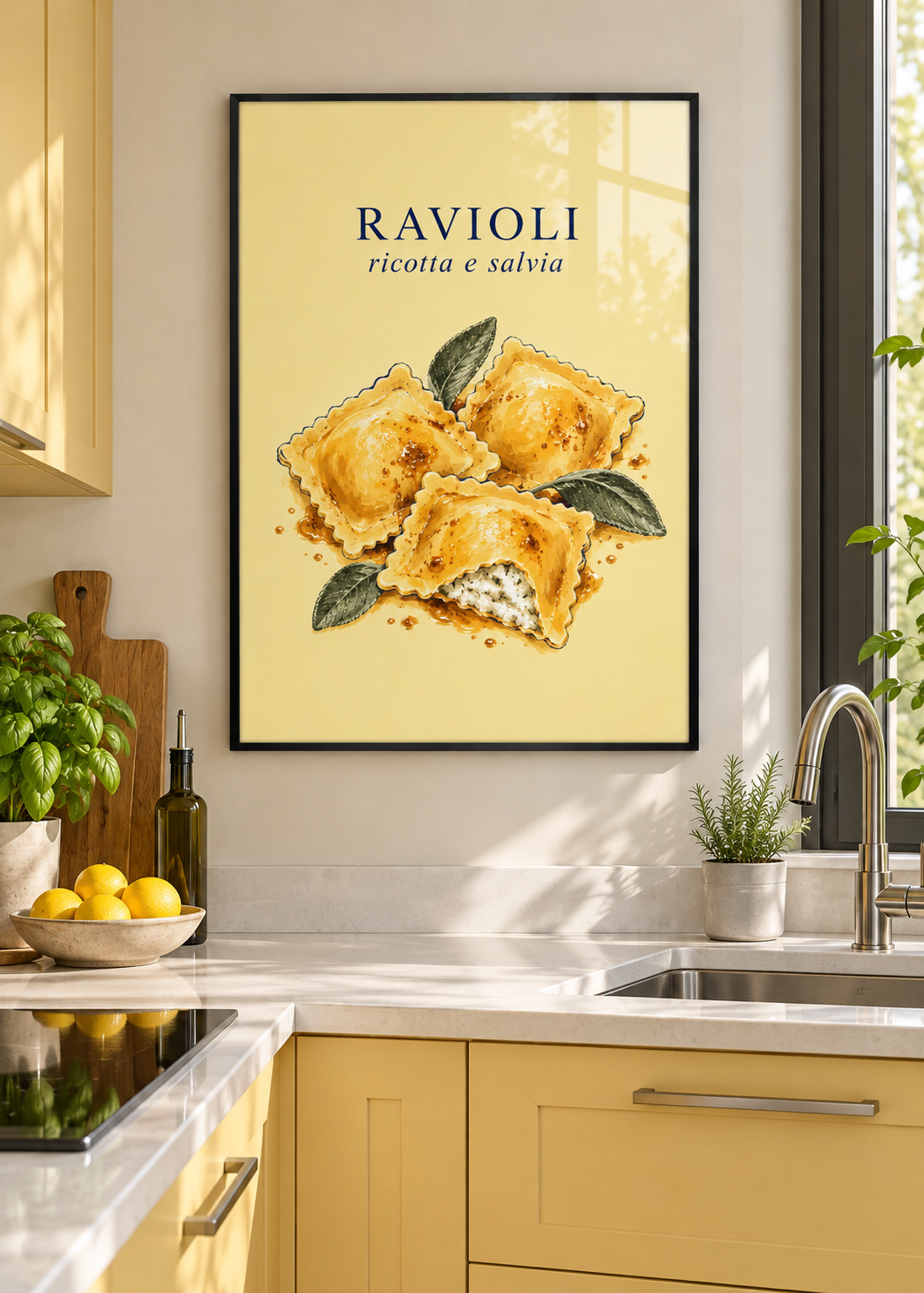 Ravioli Ricotta e Salvia – Poster mit schwarzem Rahmen und Glas in moderner Küche
