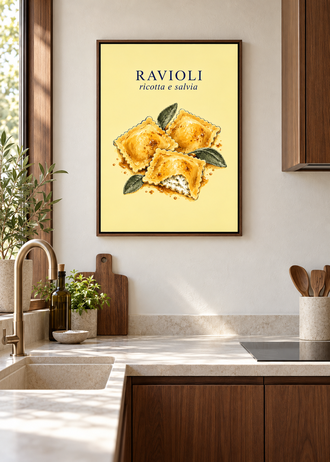 Ravioli Ricotta e Salvia – Leinwand mit braunem Schattenfugenrahmen in moderner Küche