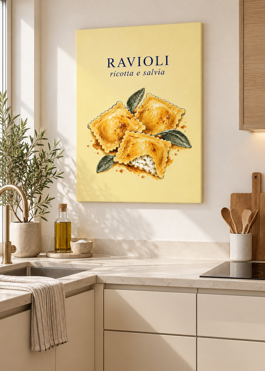 Ravioli Ricotta e Salvia – Ungerahmte matte Leinwand Slim in moderner Küche