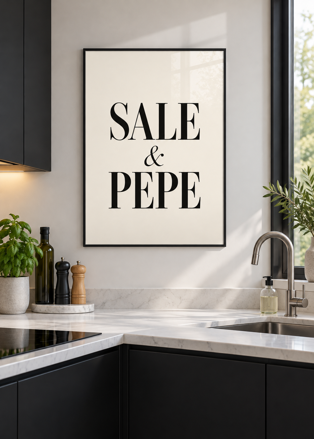 Sale & Pepe – Poster mit schwarzem Rahmen und Glas in moderner Küche