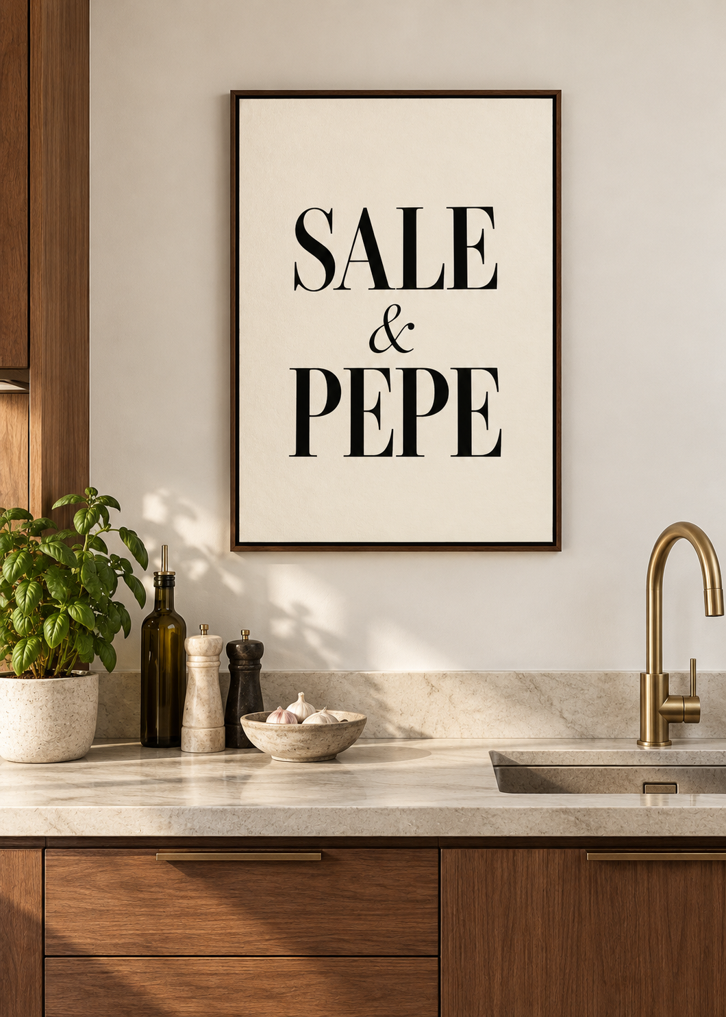 Sale & Pepe – Leinwand mit braunem Schattenfugenrahmen in moderner Küche