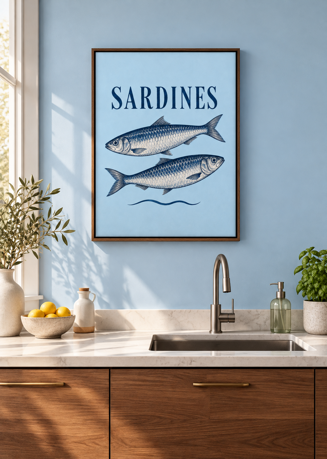 Sardines – Leinwand mit braunem Schattenfugenrahmen in moderner Küche