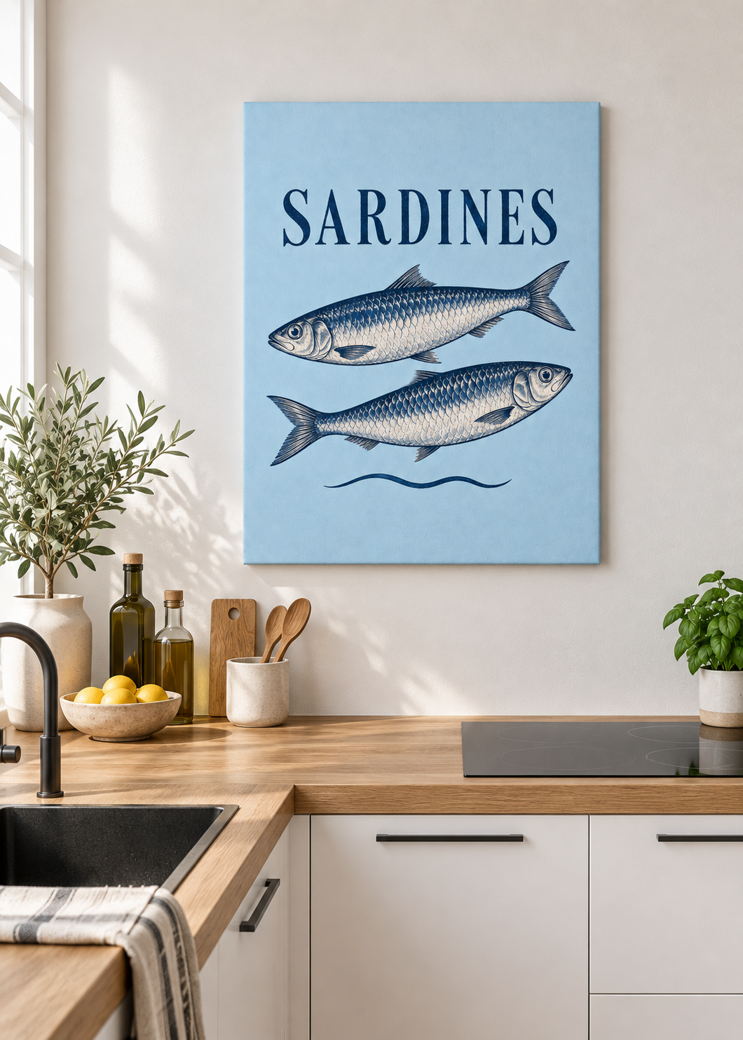 Sardines – Ungerahmte matte Leinwand Slim in moderner Küche