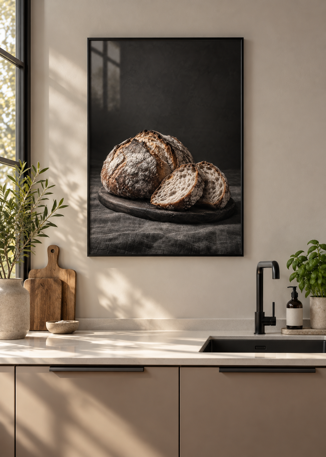 Sauerteigbrot – Poster mit schwarzem Rahmen und Glas in moderner Küche