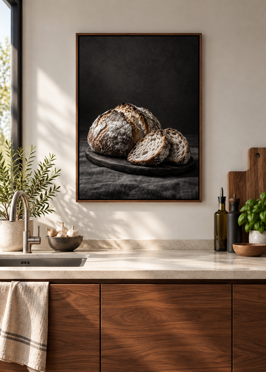 Sauerteigbrot – Leinwand mit braunem Schattenfugenrahmen in moderner Küche