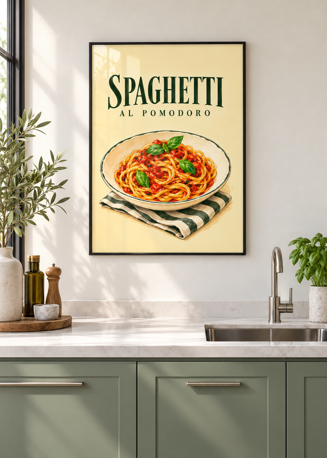 Spaghetti al Pomodoro – Poster mit schwarzem Rahmen und Glas in moderner Küche