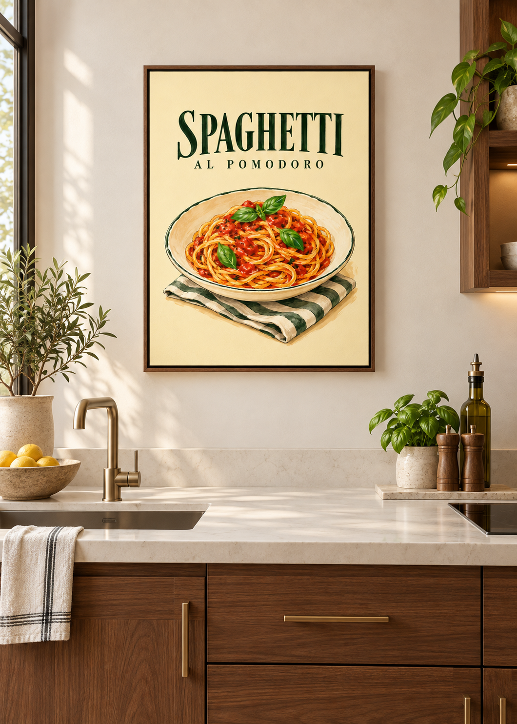 Spaghetti al Pomodoro – Leinwand mit braunem Schattenfugenrahmen in moderner Küche