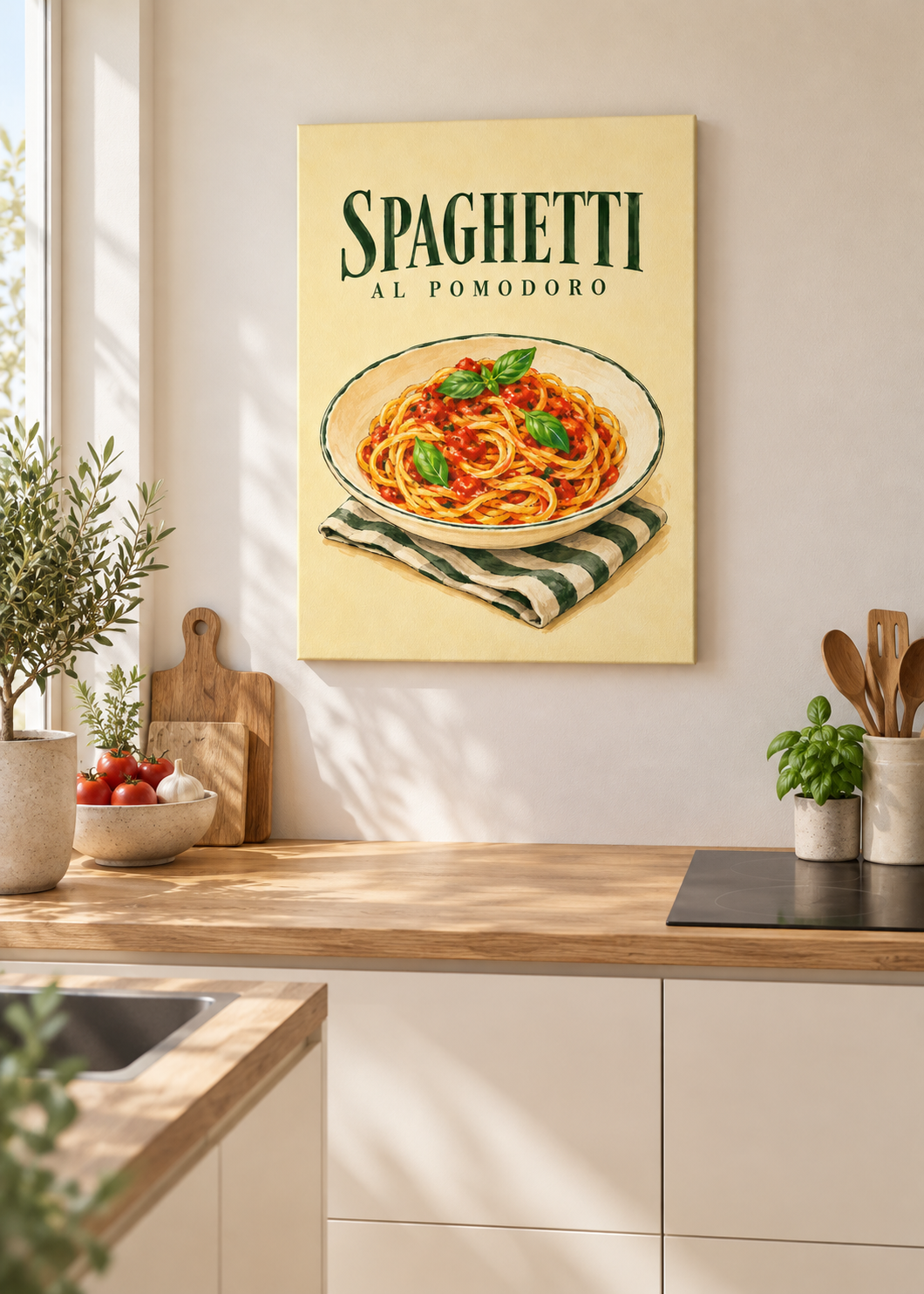 Spaghetti al Pomodoro – Ungerahmte matte Leinwand Slim in moderner Küche