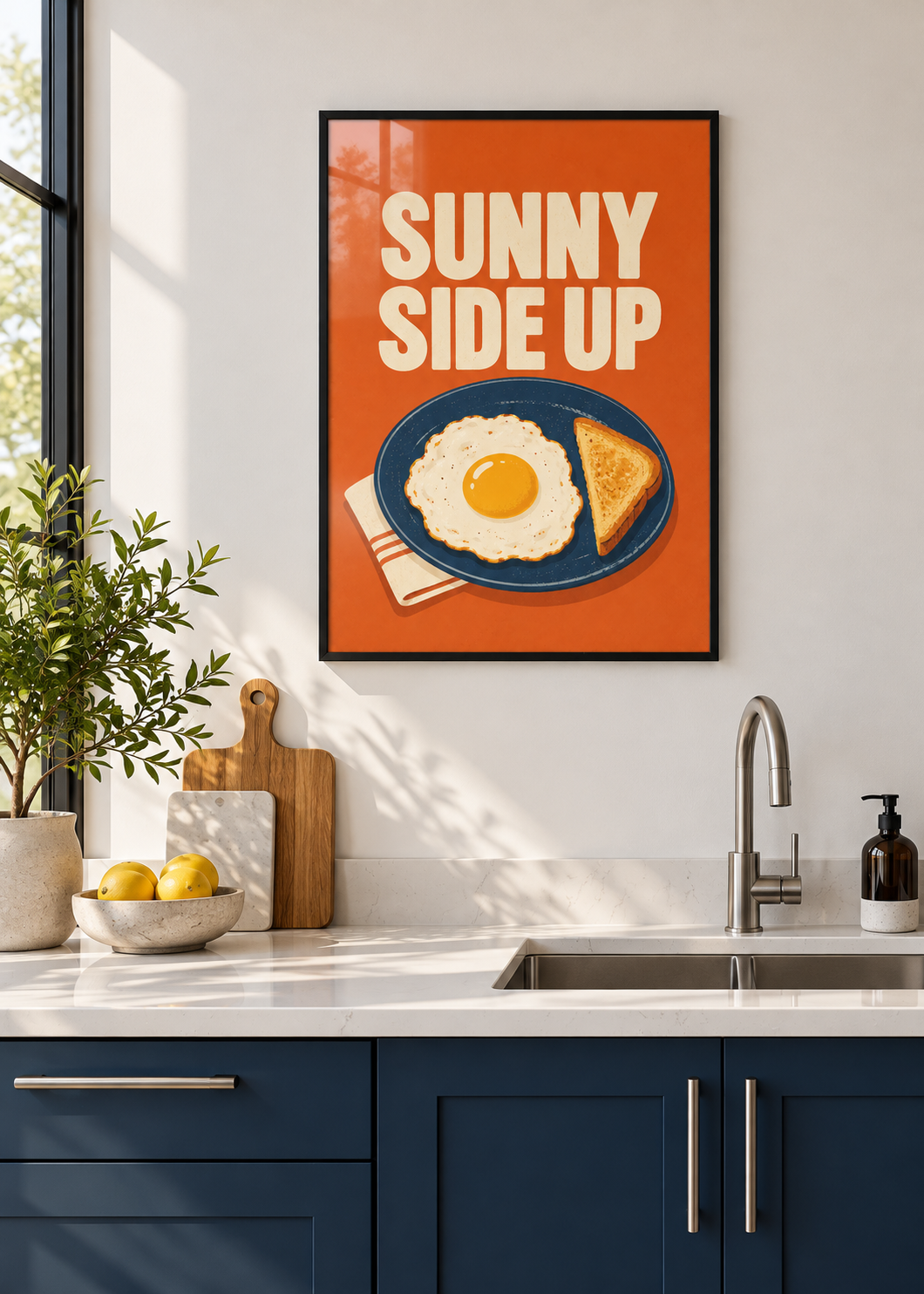 Sunny Side Up – Poster mit schwarzem Rahmen und Glas in moderner Küche
