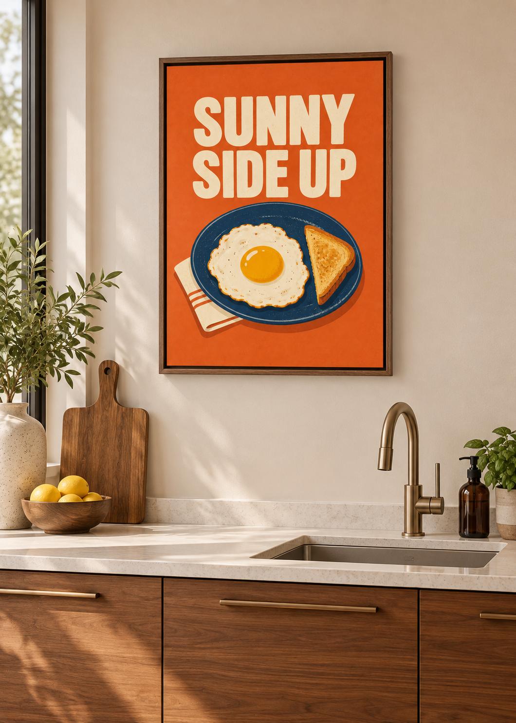Sunny Side Up – Leinwand mit braunem Schattenfugenrahmen in moderner Küche