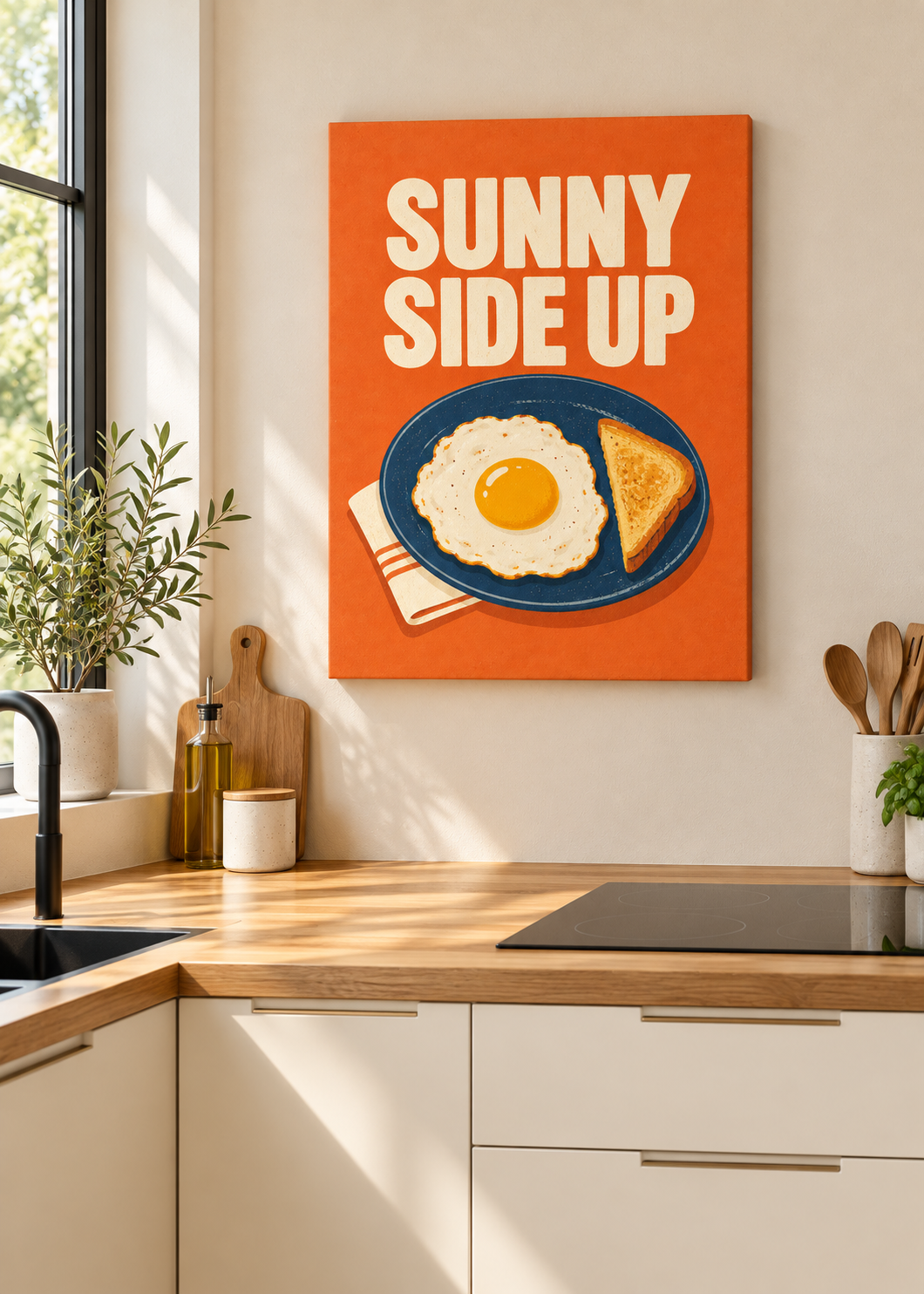 Sunny Side Up – Ungerahmte matte Leinwand Slim in moderner Küche