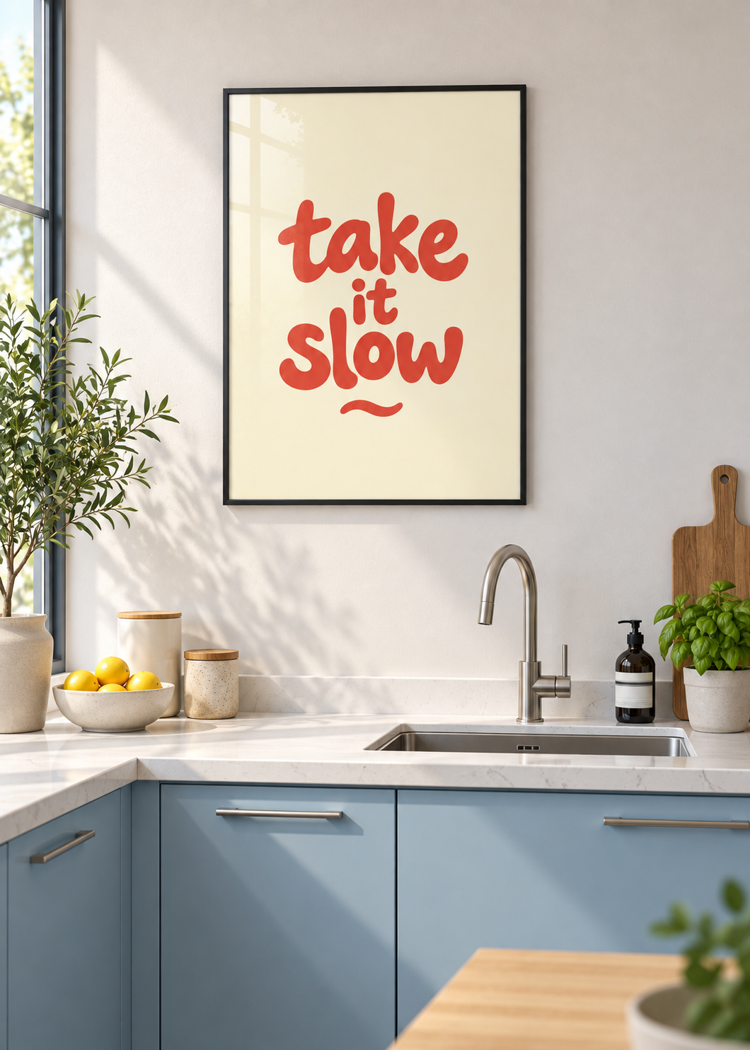 Take It Slow – Poster mit schwarzem Rahmen und Glas in moderner Küche