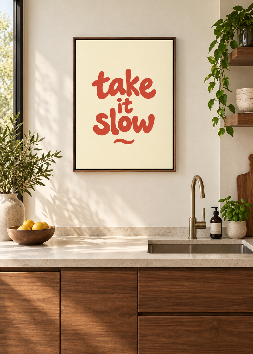 Take It Slow – Leinwand mit braunem Schattenfugenrahmen in moderner Küche