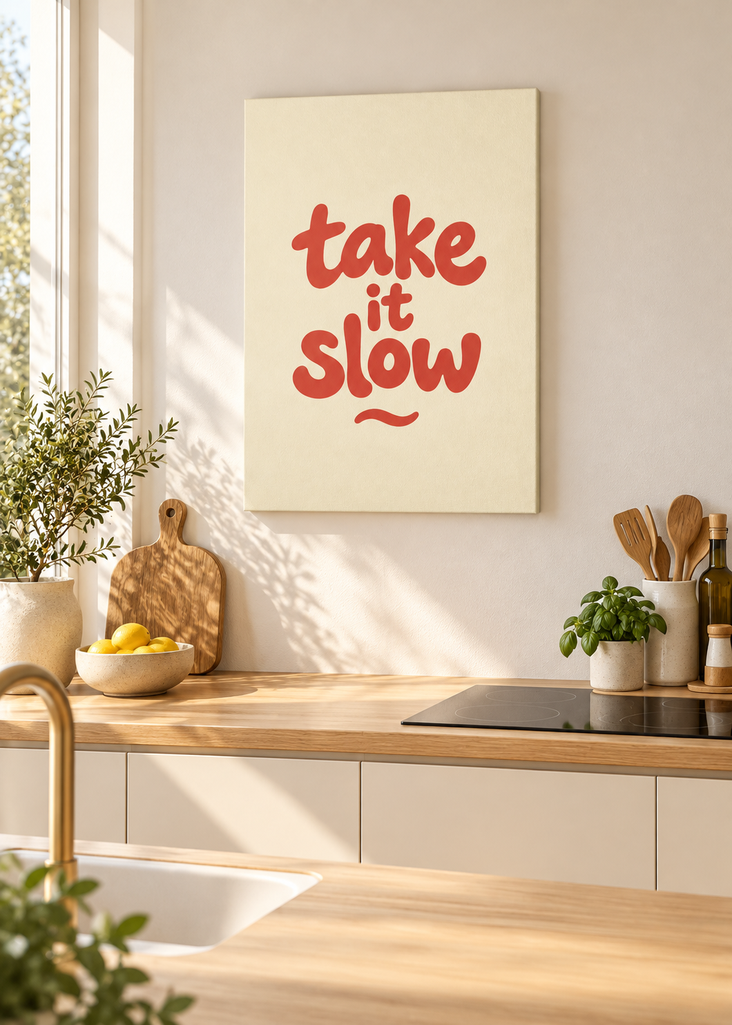 Take It Slow – Ungerahmte matte Leinwand Slim in moderner Küche