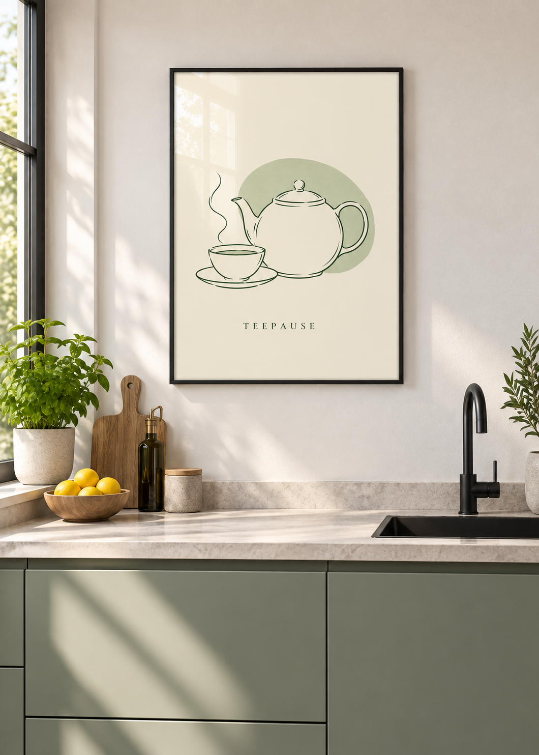 Teepause – Poster mit schwarzem Rahmen und Glas in moderner Küche