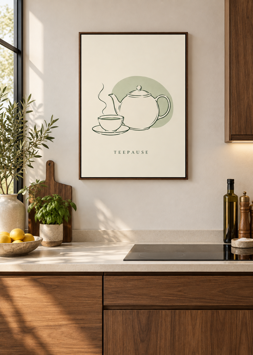 Teepause – Leinwand mit braunem Schattenfugenrahmen in moderner Küche