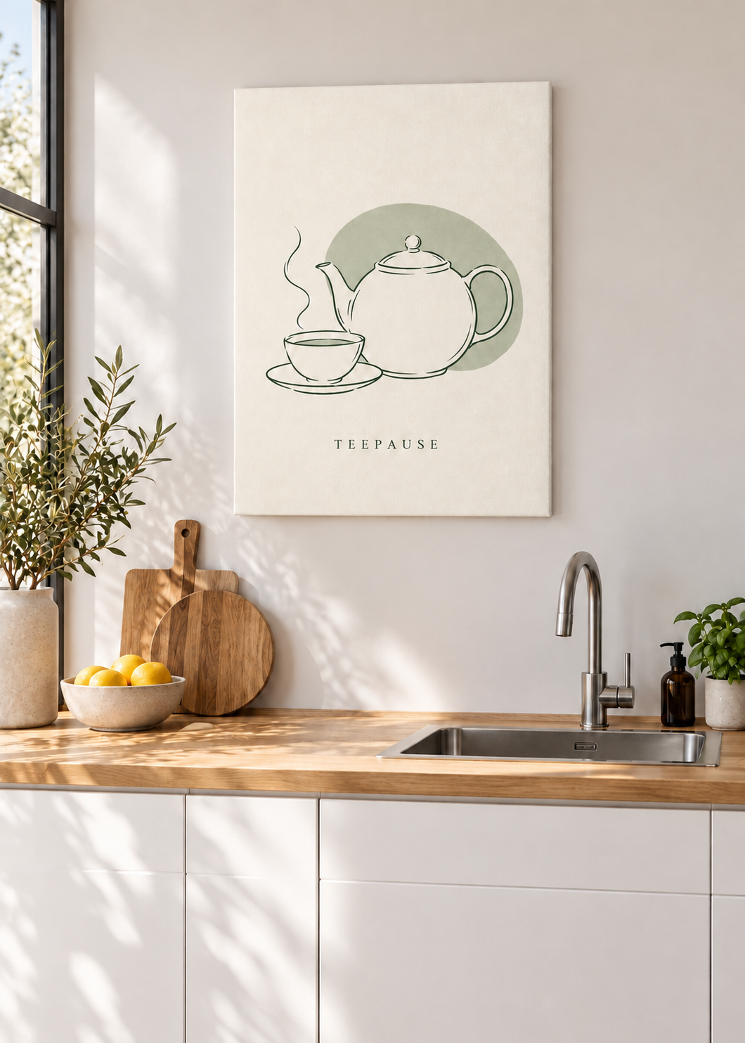 Teepause – Ungerahmte matte Leinwand Slim in moderner Küche